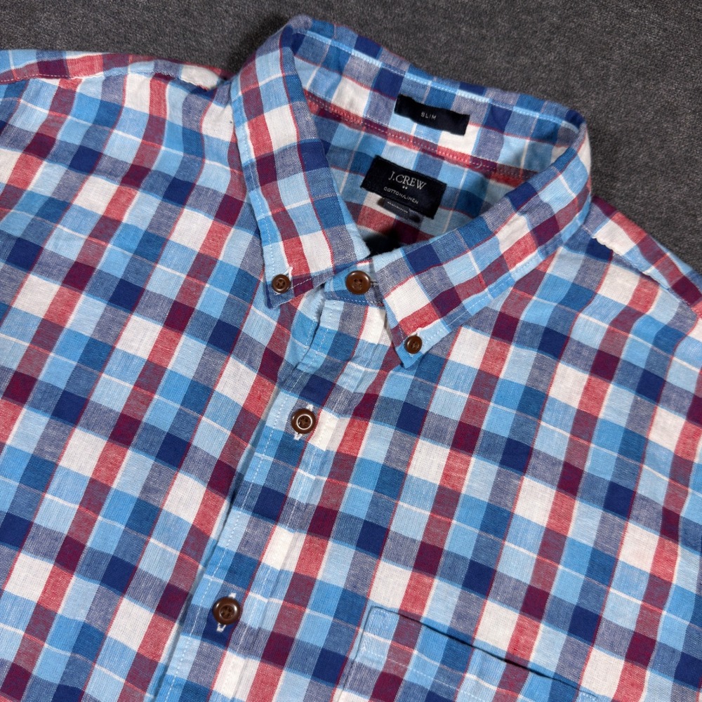 J.Crew Button Down Shirt Mens L Blue Red Plaid Slim Fit Linen Short Sleeve